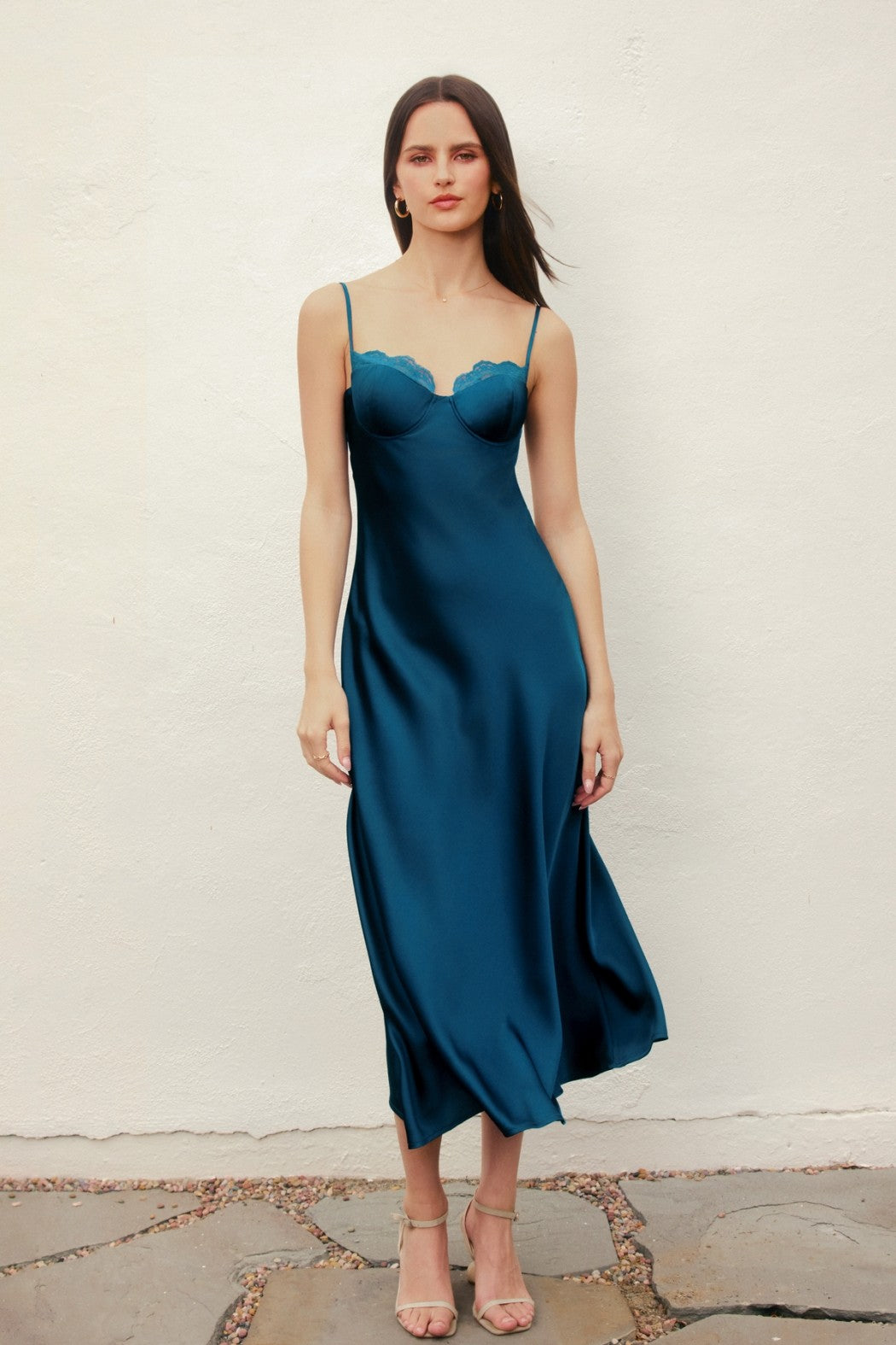 Lace Trim Satin Slip Midi Dress