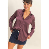 Button Up Satin Blouse - Dark Cherry