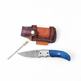 Pocket Knife Dyed Blue Bone 6.5'' Damascus Steel