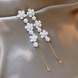 Pearl Flower Long Tassel Earrings