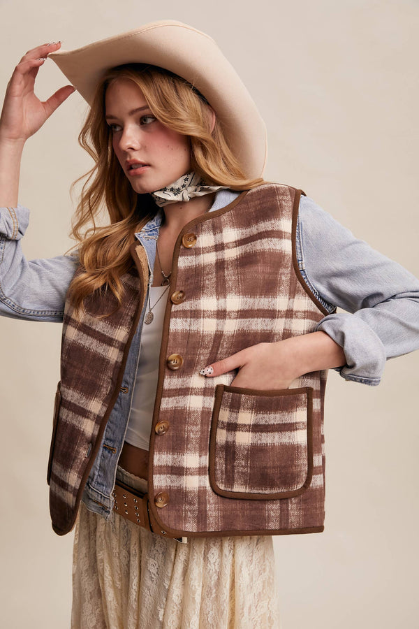 Reversible Plaid Sherpa Vest - Taupe