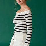 Bella Off The Shoulder Striped Knit Top - White