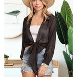 Woven Front Tie Sheer Blouse