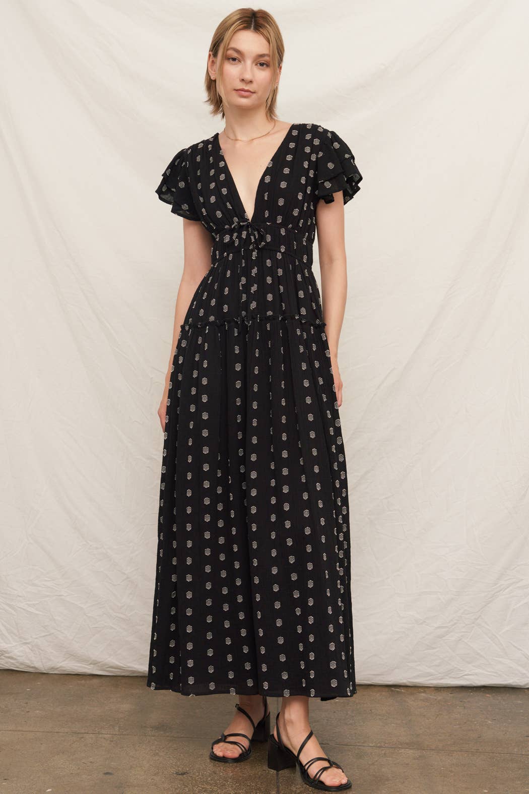 V-Neck Ruffle Sleeve Polka Dot Maxi Dress - Black/Ivory