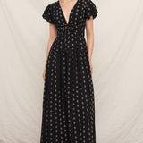 V-Neck Ruffle Sleeve Polka Dot Maxi Dress - Black/Ivory