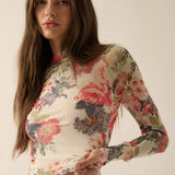 Floral-Print Mesh Mock-Neck Thumbhole Top