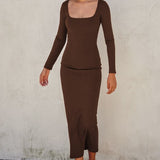 Ribbed Knit Square Neck Midi Dress