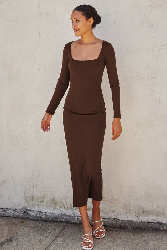 Ribbed Knit Square Neck Midi Dress
