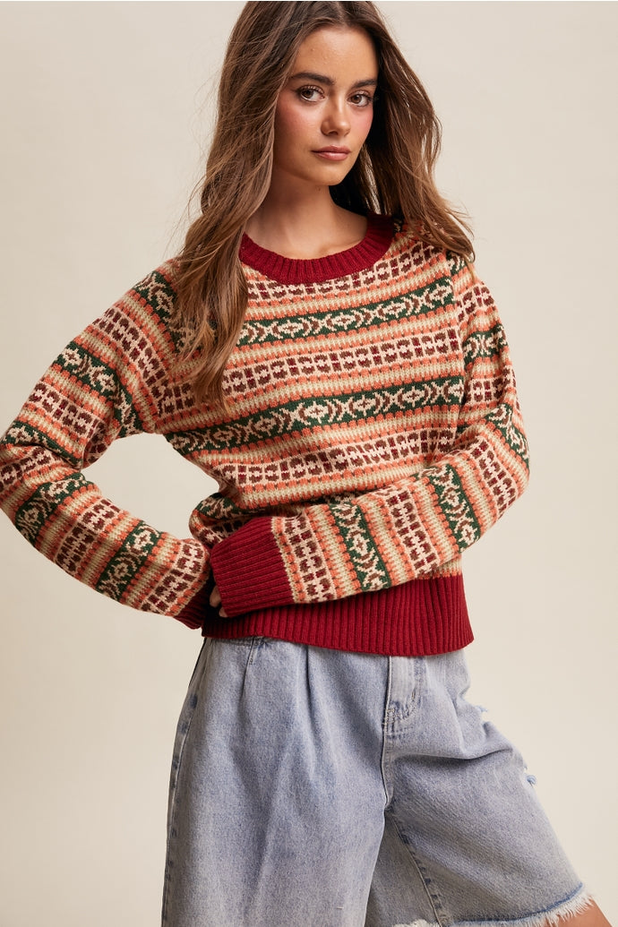 Fair Isle Knit Sweater - Burgundy Combo