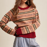 Fair Isle Knit Sweater - Burgundy Combo