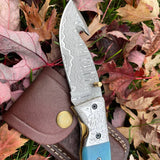 Damascus Steel Gut Hook Folding Knife with Dyed Bone