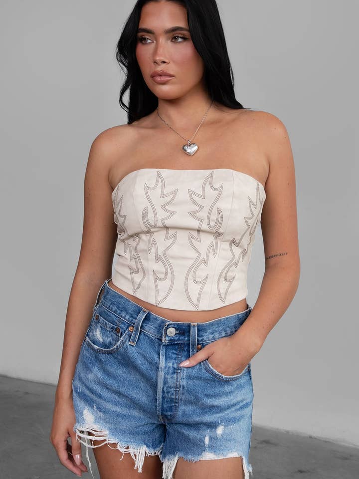 Beckee Vegan Leather Embroidered Western Corset Top