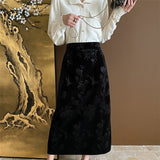 Velvet Midi Skirt With Floral Pettern - Black