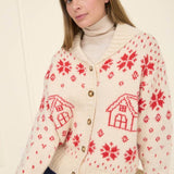 Button Front Snowflake Cardigan - Red Combo