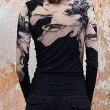 Floral Print Stretch Mock Neck Top - Black