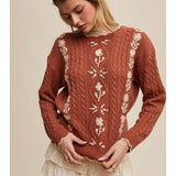 Floral Embroidered Cable Knit Sweater -  Terracotta