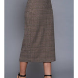 Belted Plaid Column Skirt - Taupe