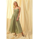 Woven Gingham Ruched Spaghetti Strap Dress - Green