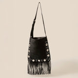 Faux Suede Grommet Accent Fringe Tote Bag -  Black