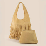 Layered Fringe Detail Suede Hobo Bag - Light Brown