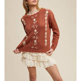Floral Embroidered Cable Knit Sweater -  Terracotta