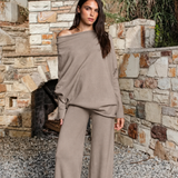 Elowen Off Shoulder Sweater Knit Top And Wide Leg Pants Set