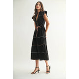Piped Tiered Midi Dress - Black