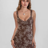 Fall Floral Mesh Mini Dress - Brown