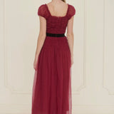 Polka Dot Tulle Shirred Waist Velvet Midi Dress - Crimson