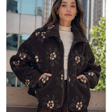 Floral Print Sherpa Fleece Jacket - Chocolate