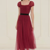 Polka Dot Tulle Shirred Waist Velvet Midi Dress - Crimson