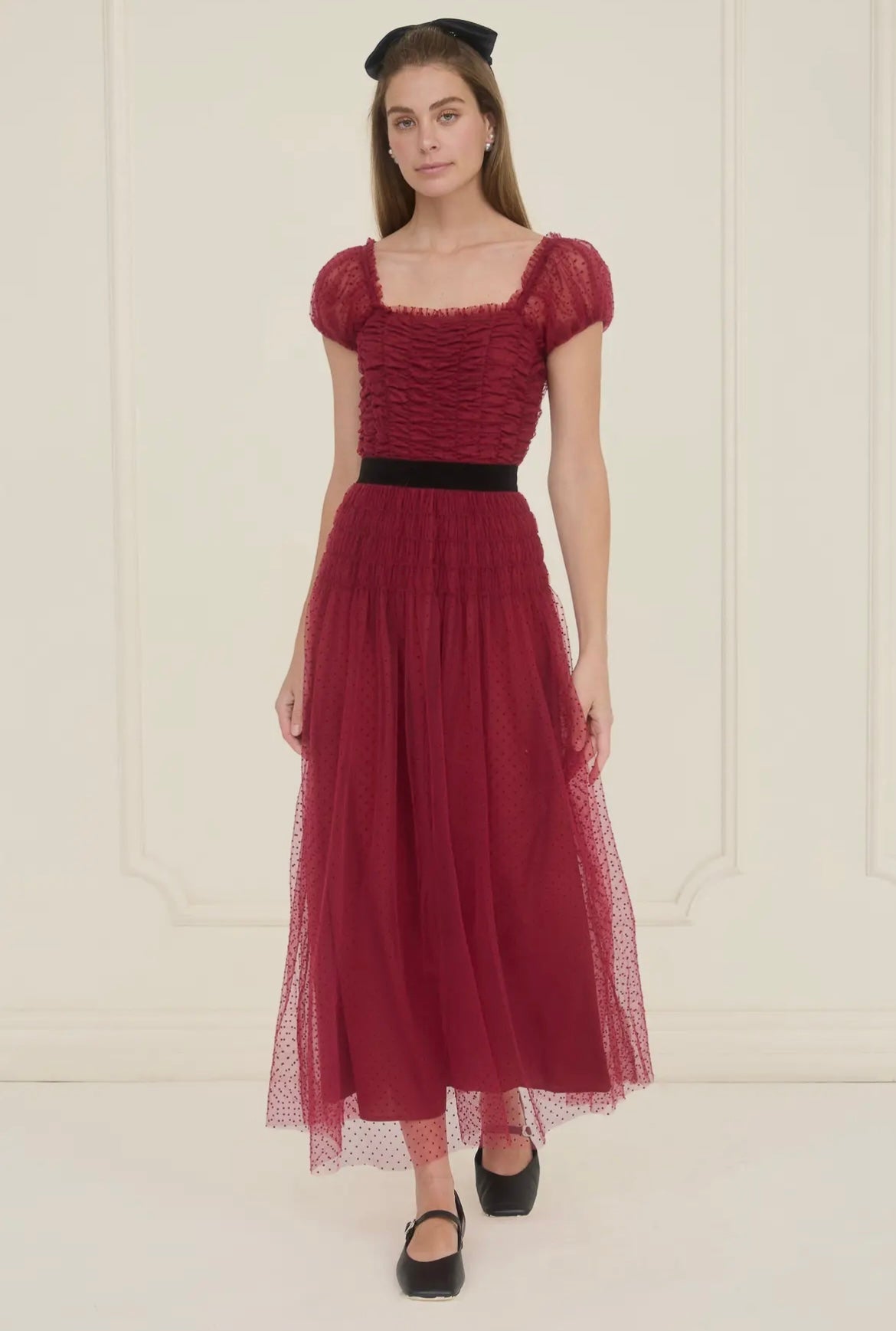 Polka Dot Tulle Shirred Waist Velvet Midi Dress - Crimson L Polka Dot Tulle Shirred Waist Velvet Midi Dress - Crimson L