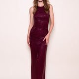 Rhinestone Mesh Maxi Dress - Burgundy
