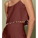 Pearl-Trimmed Linen Blend Crop Top - Rust