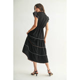 Piped Tiered Midi Dress - Black