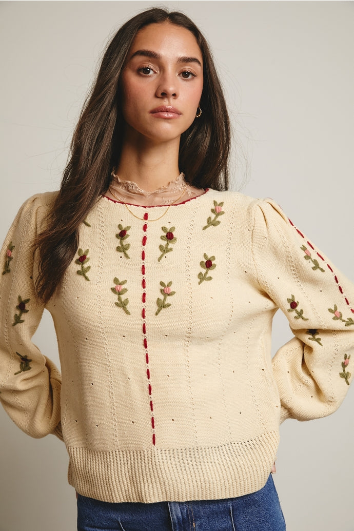 Embroidered Blossom Knit Sweater- Cream Combo
