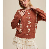 Floral Embroidered Cable Knit Sweater -  Terracotta