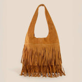 Layered Fringe Detail Suede Hobo Bag - Light Brown