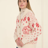 Button Front Snowflake Cardigan - Red Combo