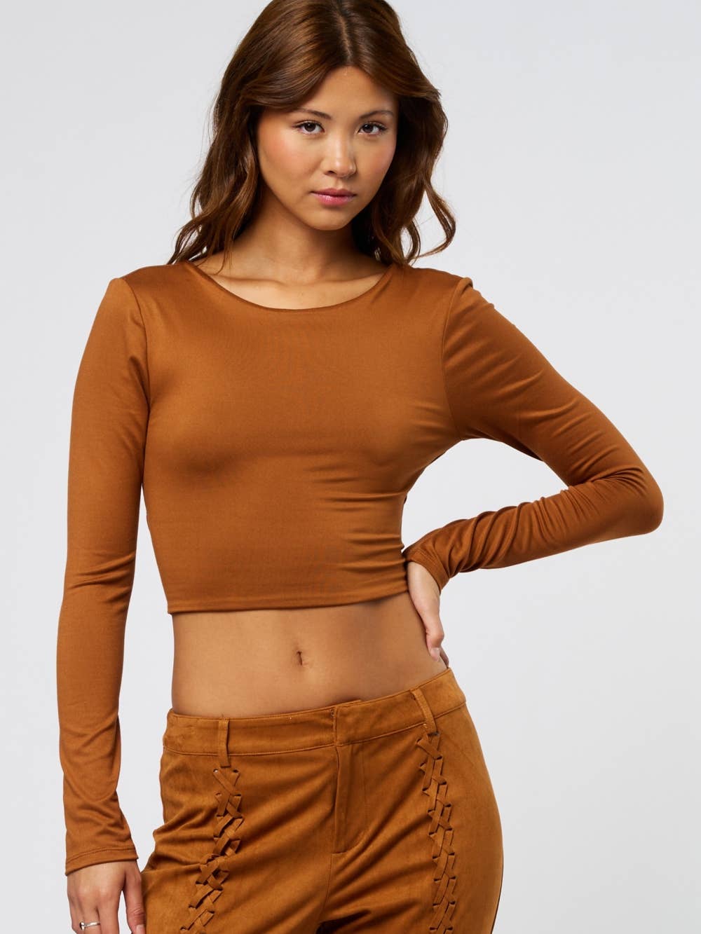 Open-back Long Sleeve Knit Top - Cognac