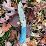 Damascus Steel Gut Hook Folding Knife with Dyed Bone
