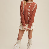 Floral Embroidered Cable Knit Sweater -  Terracotta