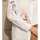 Western Cowgirl Motif Button Up Linen Blouse - White