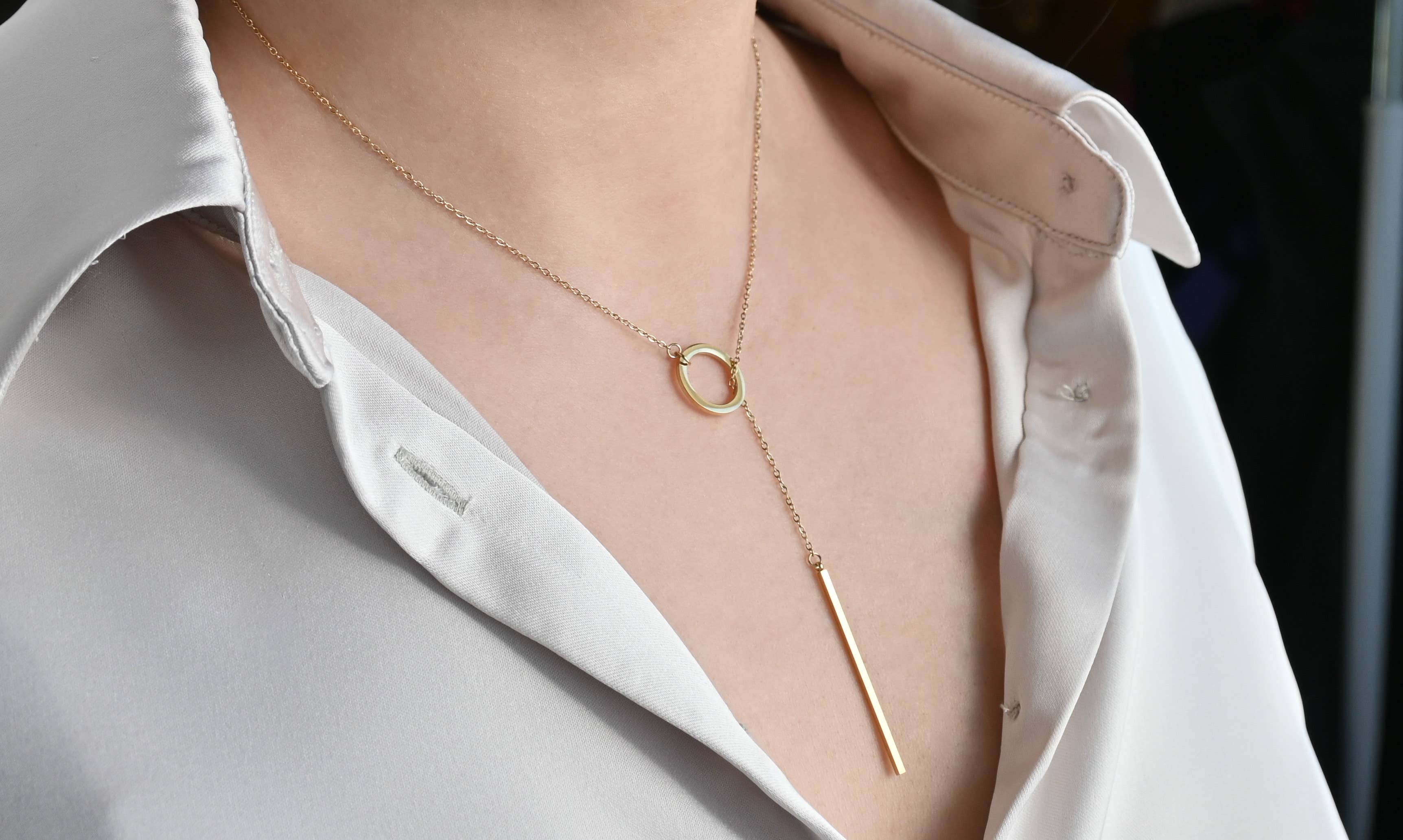 Circle Bar Y Necklace - Geometric Lariat Pendant