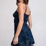 Velvet Burnout Mesh Mini Dress - Blue