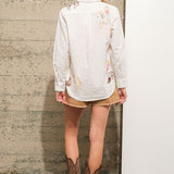 Western Cowgirl Motif Button Up Linen Blouse - White