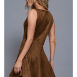 Sleeveless Vegan Suede Flared Hem Mini Dress - Brown