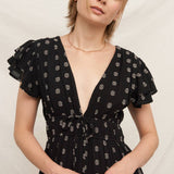 V-Neck Ruffle Sleeve Polka Dot Maxi Dress - Black/Ivory
