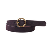 Brass Toned Circle Buckle Leather Belt - Chocolate Suede