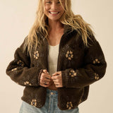 Floral Print Sherpa Fleece Jacket - Chocolate